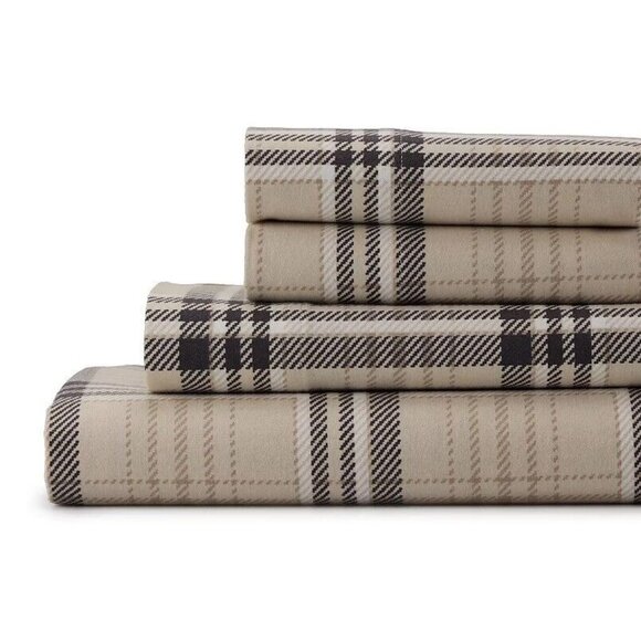 Cuddl Duds King Size Heavyweight Flannel Sheet Set Neutral Plaid - Picture 1 of 6